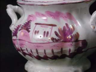 Antique Ceramic Urn Glazed Pink Gold color rim  