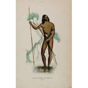 1843 Print Costume Man Hunter Spear Bow New Guinea   Hand Colored 