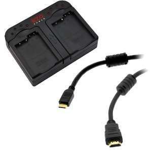 Dual Battery Camera Charger with Car Adapter EZCDC12 + Mini HDMI Cable 