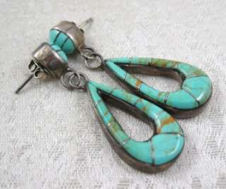 Navajo Jerry Cowboy Sterling Channel Inlay Turquoise Earrings  