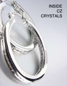 CLASSIC 18kt White Gold Plated Inside Outside CZ Crystals OVAL Hoop 