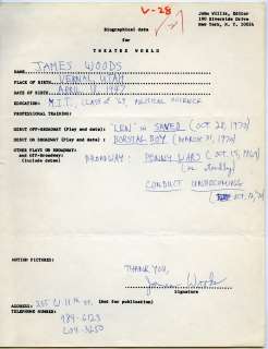  Actor James Woods Theatre World Handwritten Signed BIO Form  