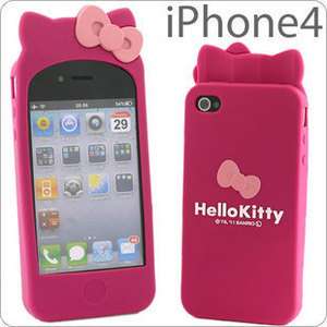 Cute Gift Hello kitty cat ears pink bow iphone 4 4s rubber silicone 