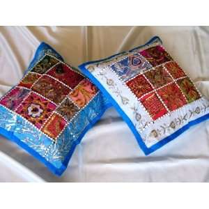  2 Blue Beaded Indian Accent Throw Chair Pillows Cushion 