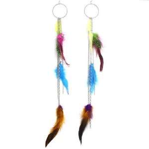   Feather Earrings; 15L; Silver Metal; Multicolor Feathers Jewelry