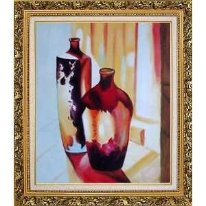 Two Glass Vases Oil Painting, with Ornate Antique Dark Gold Wood Frame 