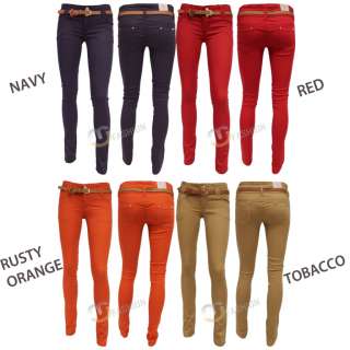   FIT BELTED DENIM JEANS 6 8 10 12 14 RED,TOBACCO,NAVY,RUST  