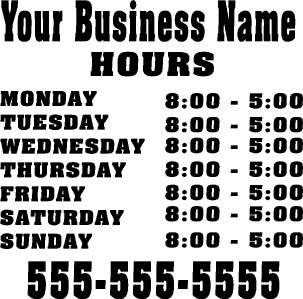 Custom Store Business Hours Sticker Vinyl Decal Sign  