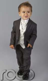 BABY TODDLERS BOYS WEDDING PAGEBOY OUTFITS GREY IVORY CRAVAT SUIT AGE 