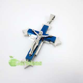 Mens Blue&Silver Stainless Steel Jesus Cross Chain Pendant Necklace 