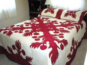 King Sz Breadfruit Hawaiian Quilt & 2 Pillow Shams Red  