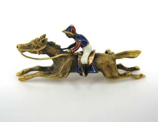 1890s Victorian Multi Color Enamel & 14K Gold Horse Racing Pin  