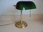 VINTAGE BANKERS DESK TABLE PIANO BRASS GREEN GLASS SHADE LAMP