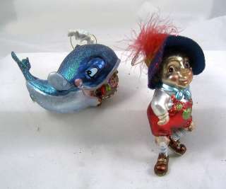 PINOCCHIO BOY AND WHALE Story Book glass Christmas Ornaments NEW Set 