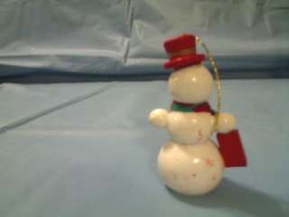 VINTAGE WOOD WOODEN SNOWMAN WITH RED HAT ORNAMENT  