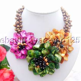 Charming 3Strds Brown Pearl&Shell Flower Necklace  
