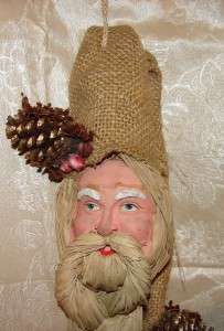   Christmas Clay Like Santa Claus Head w/Straw Hair Hanging Decor  