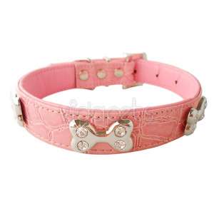13 17 Pink Leather Rhinestone Bones Dog Collar medium  