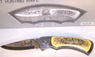 HUGE WOLVES CARVED HANDLE FOLDING KNIFE W STAND wolf  