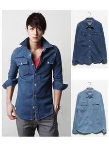   Slim Fit Trendy Casual Long Sleeve Denim Shirt Jacket Dark/Light Blue