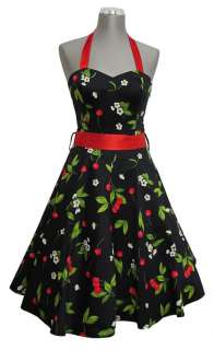 Black Red Cherry Rockabilly 1950s Prom Halter Dress  