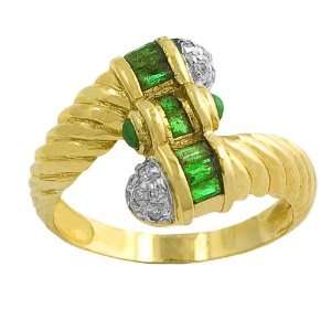  Emerald & 0.10 Ct Diamond 14 Karat Yellow Gold Bypass Rope Ring Size 7