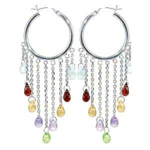   White Gold, Hoop Dangling Earring with Colorful Created Gems Jewelry