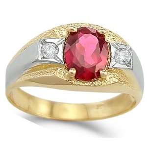 Mens Ring Oval Ruby Cubic Zirconia 14k White Yellow Gold Band 1.25 CT 