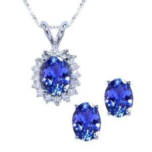  Oval Tanzanite & Diamond 14K White Gold Pendant Earring Set Jewelry