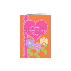Happy Valentines Day Penny Name Specific Cards Pink Heart Flowers 