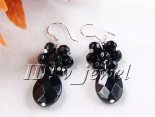 Flower natural black onyx necklace/earring set 925  