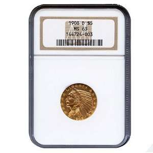 1908 D Gold $5 Indian Head MS63 