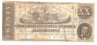 Confederate 20 Dollar Note Bill Currency Fine Cond 1862  