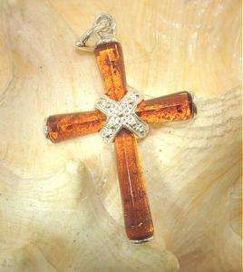 27mm Silver Genuine Baltic Honey Amber Cross Pendant  
