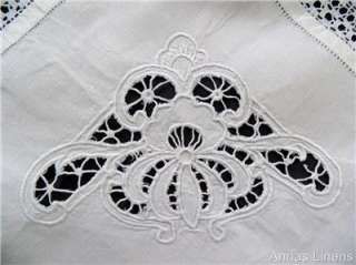 Antique Linen Tablecloth White Crochet Lace Edge Cutwork Embroidery 