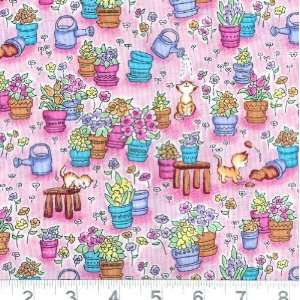 com 45 Wide Play Pals Potted Flowers & Cats Pink Fabric By The Yard 