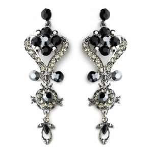 Silver Black Multi Crystal Chandelier Bridal Prom Earrings  