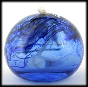 GlassHouse Signed Art Glass Oil Lamp Cobalt Blue Orchid  