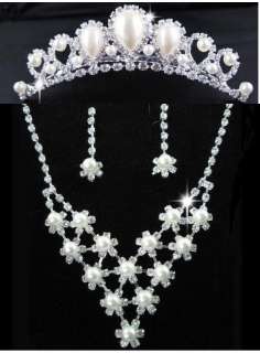 Bridal Wedding Jewelry Ivory Faux Pearl Elegant Tiara Earring Necklace 