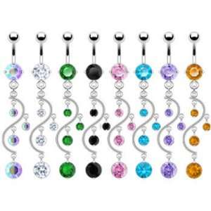  Belly button ring with dangling vine with gems, AB 