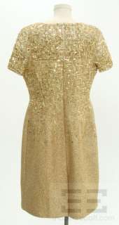 Carolina Herrera Gold Woven And Beaded Sequin Short Sleeve Dress Size 