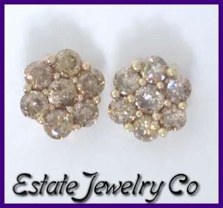 Pair 10k Round Champagne Diamond Cluster Earrings .85ct  