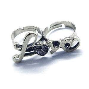 Charming Love Clear Rhinestone Double Finger Ring Adjustable  