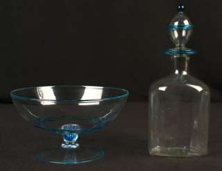   VENITIAN HAND BLOWN CLEAR GLASS APPLIED BLUE BOWL & BOTTLE HAND MADE