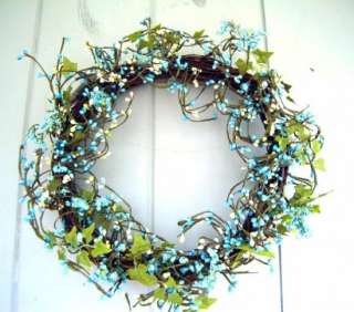 Blue Wreath Pip Berries Ivy Floral Grapevine Twig Country Spring Aqua 