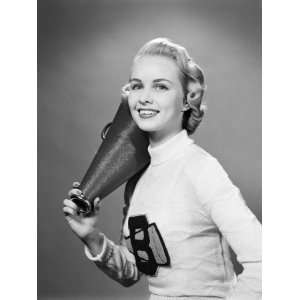  Teenage Girl Wearing Cheerleader Sweater Holding Megaphone 