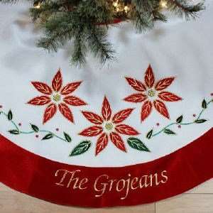    Embroidered Poinsettia Christmas Tree Skirt