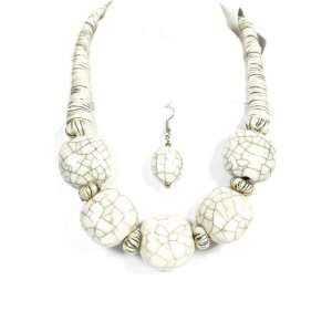White Stone Like Porcelain Chunky Beads Necklace and Earring Set (Size 
