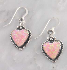 Sterling Silver Pink Opal Heart Dangle Earrings  