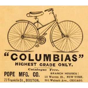  1890 Ad Antique Pope Columbia Bicycles Bikes Biking 